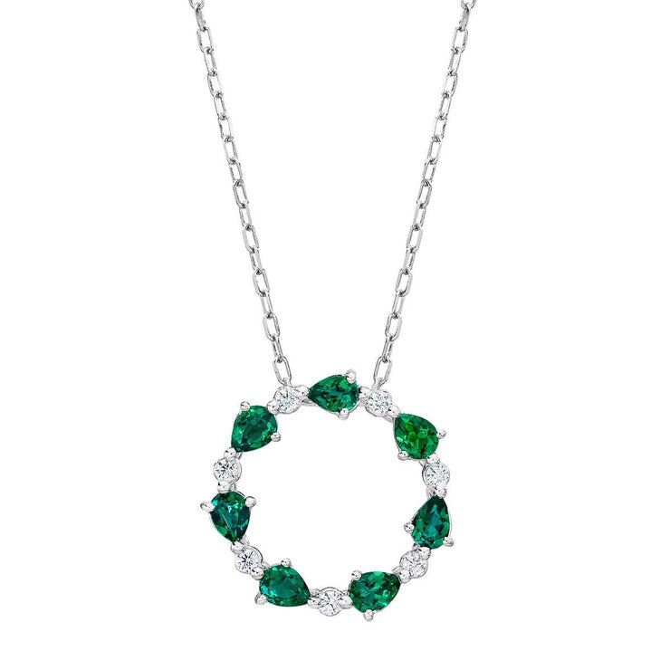 Pear Cut Lab Emerald & 0.13ctw Diamond Pendant, 14ct White Gold Pear Cut Lab Emerald & 0.13ctw Diamond Pendant, 14ct White Gold