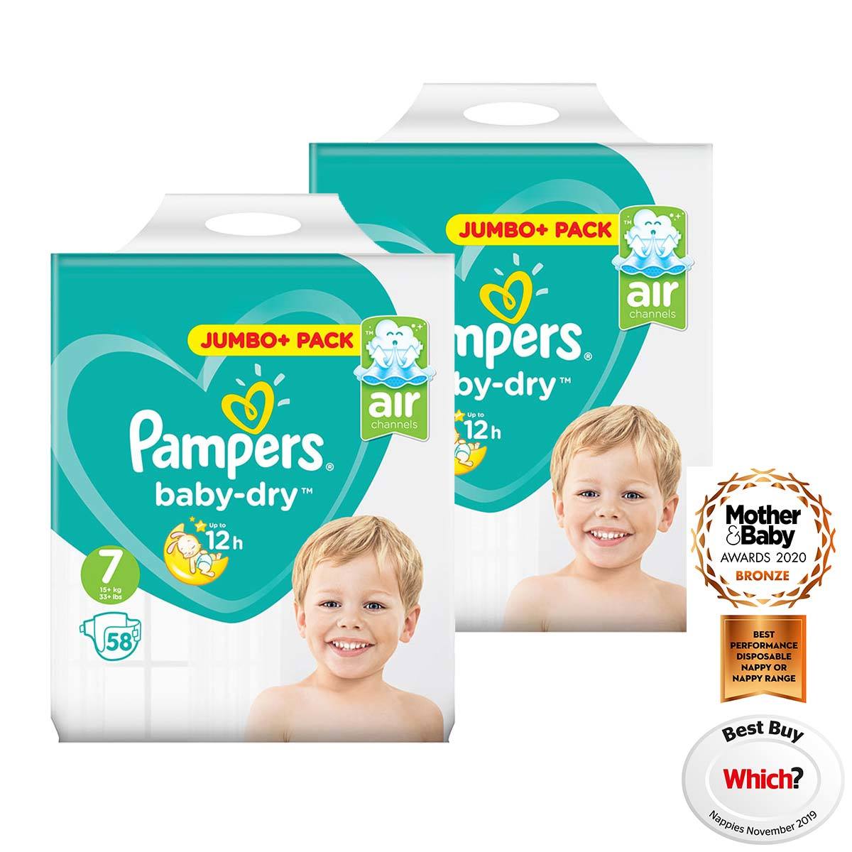 Pampers Baby-Dry Nappies Size 7, 2 x 58 Jumbo Packs