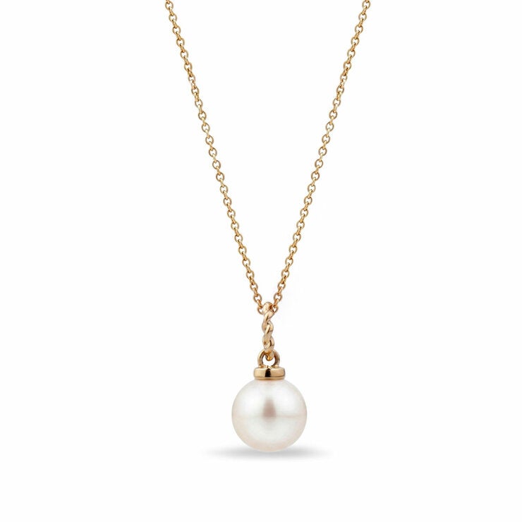7-8mm Cultured Freshwater White Pearl Round Necklace, 14ct Yellow Gold