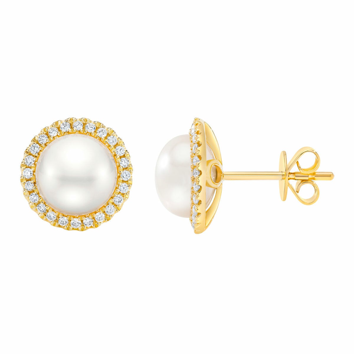 8-9mm Cultured Freshwater White Button Pearl & 0.25ctw Diamond Halo Earrings, 14ct Yellow Gold
