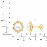 8-9mm Cultured Freshwater White Button Pearl & 0.25ctw Diamond Halo Earrings, 14ct Yellow Gold