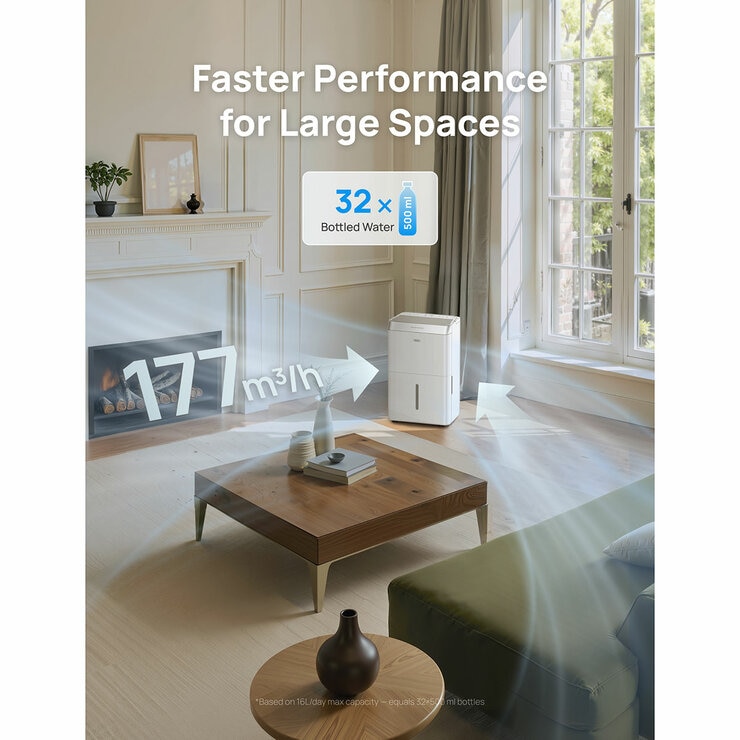 Lifestyle image of Dreo 16L Smart WiFi Dehumidifier in a living room