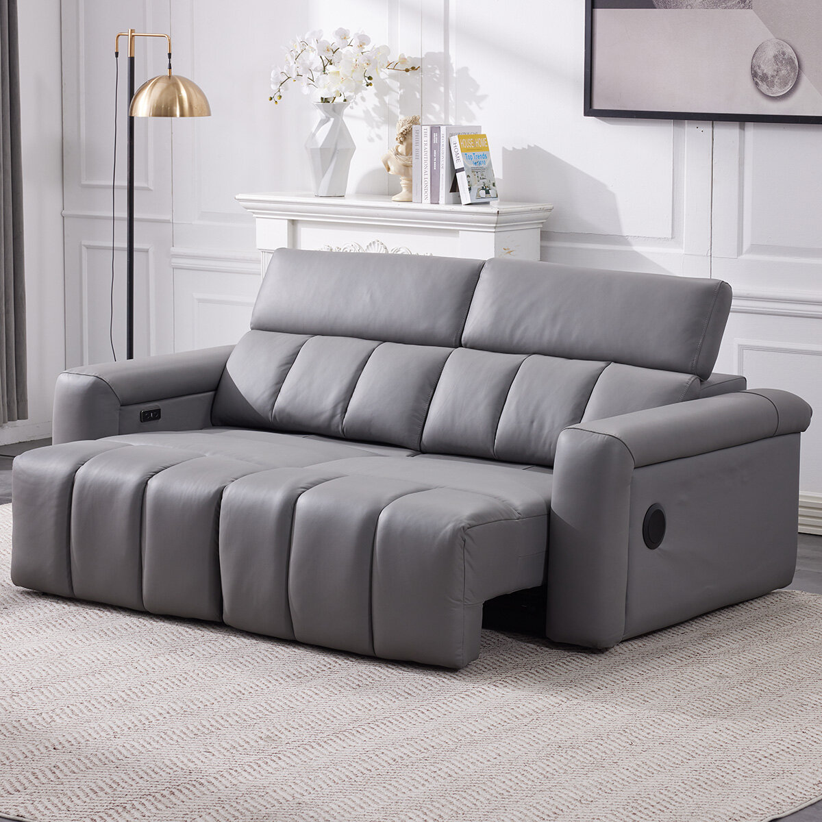 Dallas Grey Leather Power Sliding 3 Seater Sofa