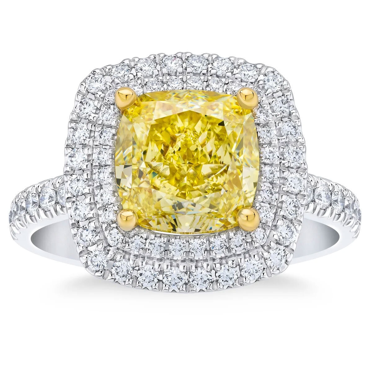 5.10ctw Cushion Cut Fancy Yellow Diamond Halo Ring, Platinum