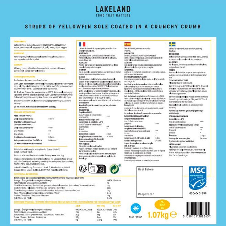 Lakeland Premium Yellowfin Sole Goujons, 1.07kg