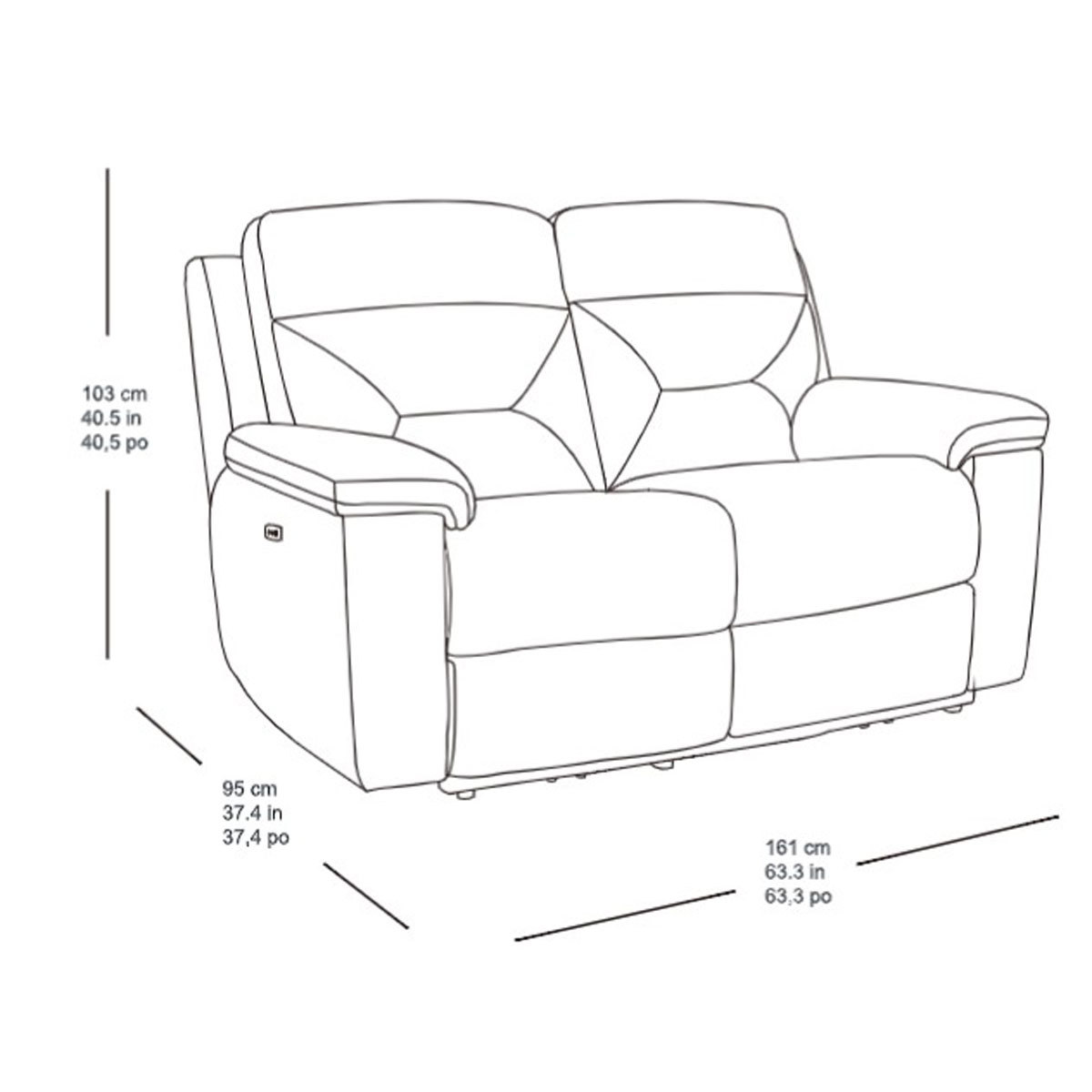 Line drawing of Kuka Brown Fabric Reclining 2 Seater Sofa