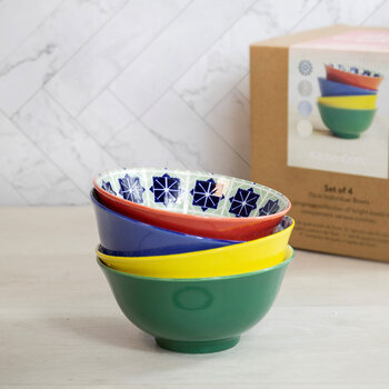 Patterned Stoneware Bowls, 4 Pack