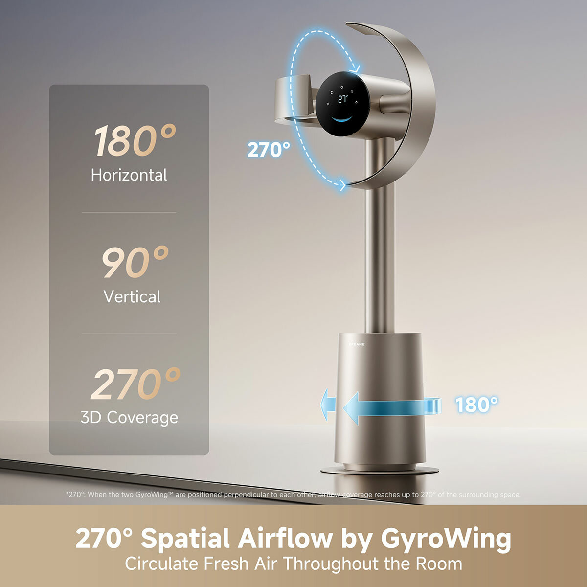 Lifestyle image of fan showing 270 degrees spatial airflow by GyroWing Lifestyle image of fan showing 270 degrees spatial airflow by GyroWing