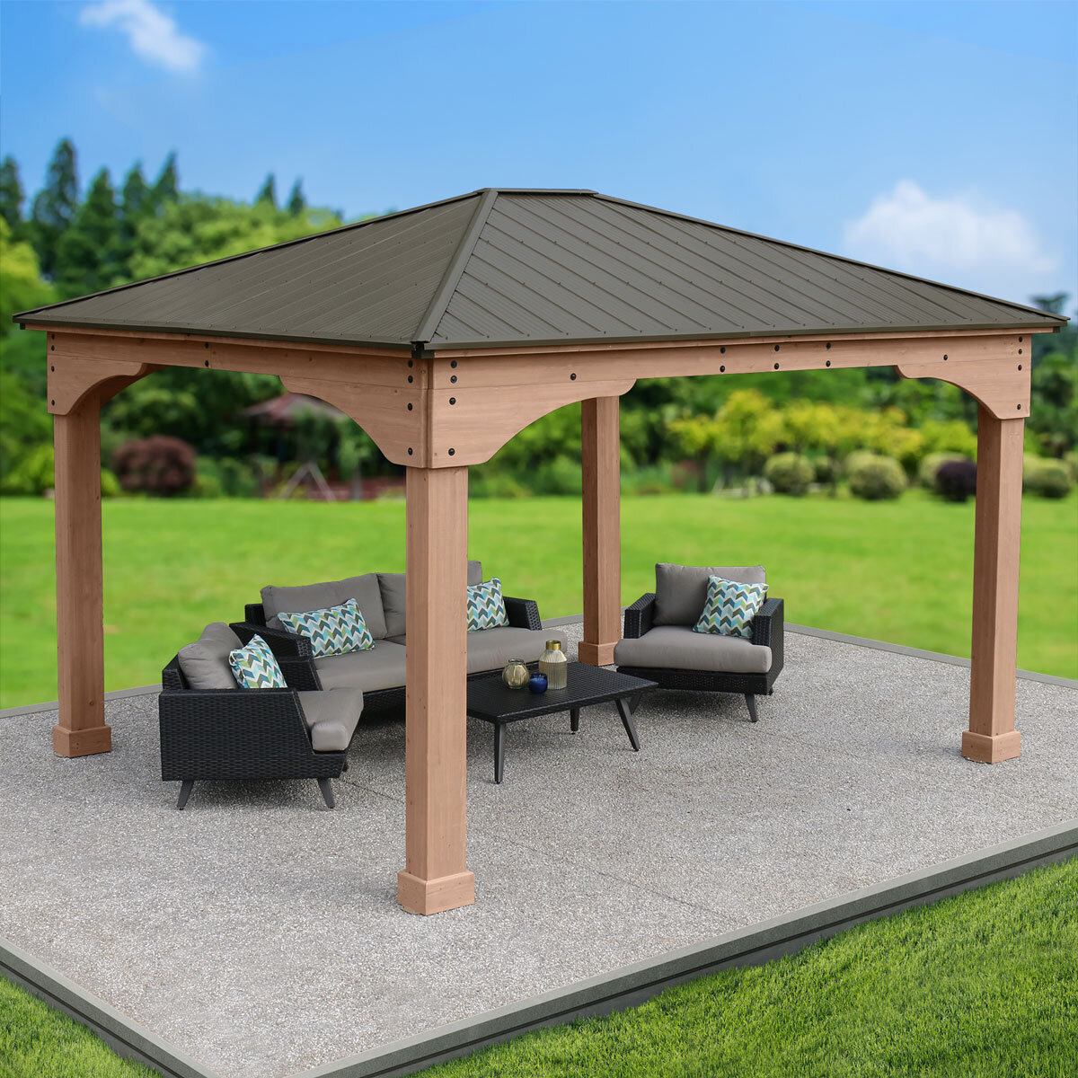 Yardistry 14ft x 12ft (4.3 x 3.7m) Wooden Gazebo with Aluminium Roof