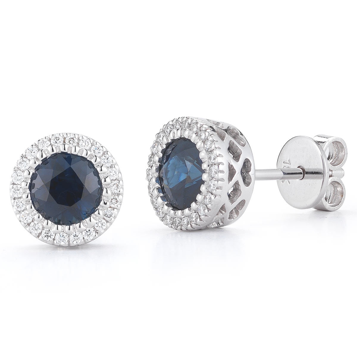 Round Cut Blue Sapphire and 0.12ctw Diamond Stud Earrings, 18ct White Gold