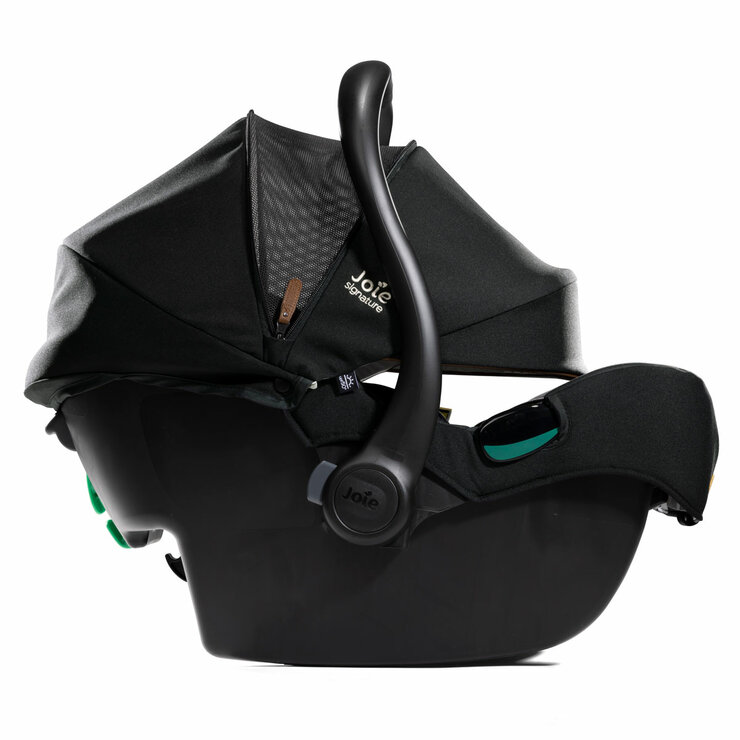 Studio image of the Joie I-Jemini Signature Car Seat from the side, hood fully extended