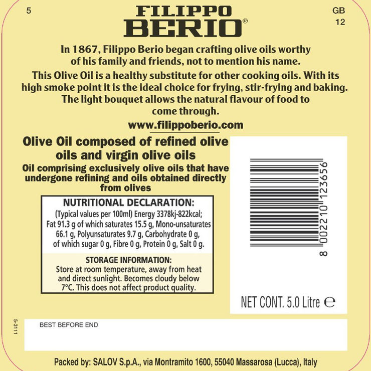 Filippo Berio Mild & Light Olive Oil, 5L Costco UK