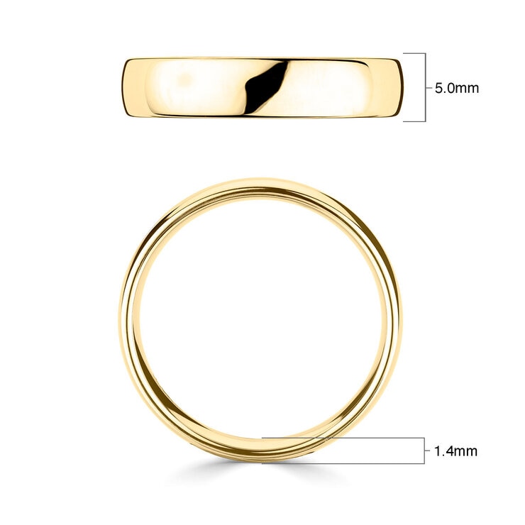 5.0mm Basic Light Court Wedding band. 18ct Yellow Gold