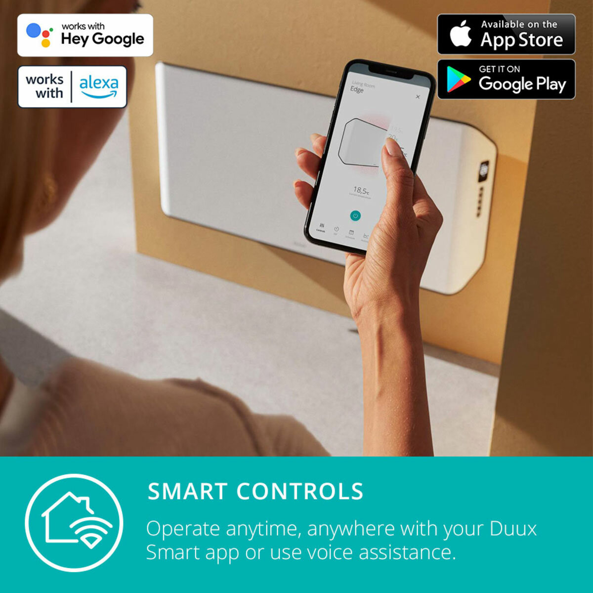 Lifestyle image of Edge 1000 Smart Convector Heater Gen 2 with smart control with Duux Smart app