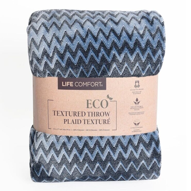 Life Comfort Faded Denim Blue Eco Textured Zig Zag Throw, 152 x 177 cm