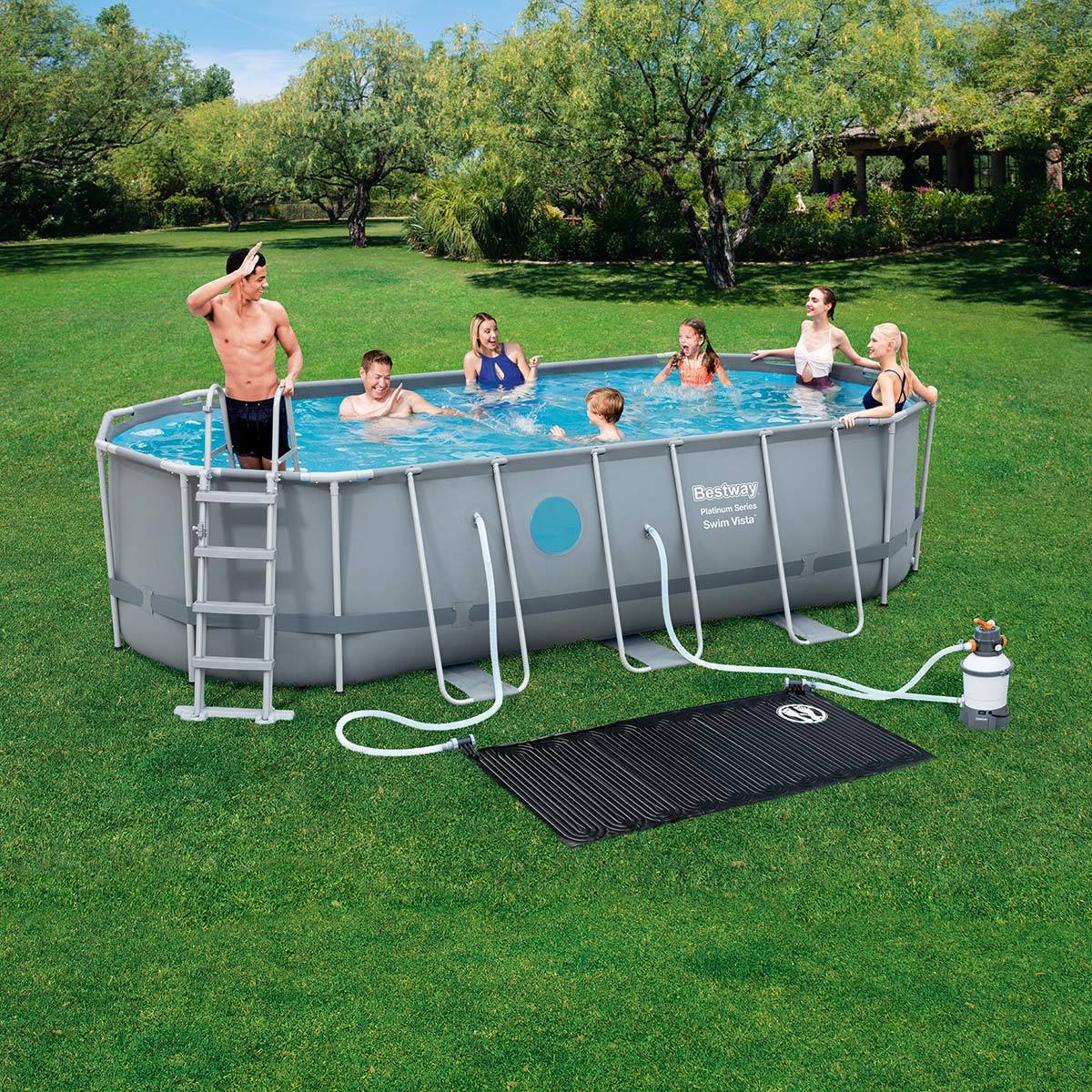 Bestway 18 x 9 ft Steel Oval Frame Pool with Sand Filter Pump, Solar Powered Pool Pad and Cover