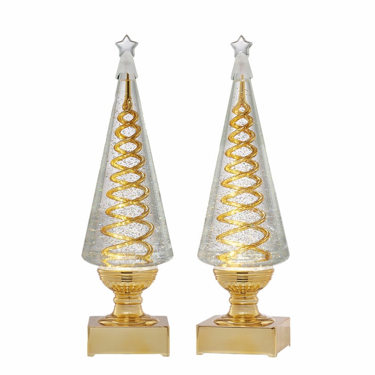 14 inch Lighted Spinning Spiral Glitter Trees in Gold