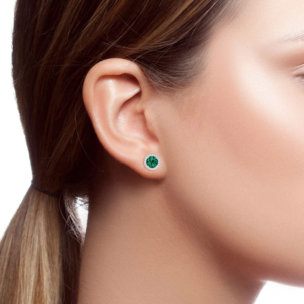 Round Cut Lab Emerald & Diamond Earrings, 14ct White Gold