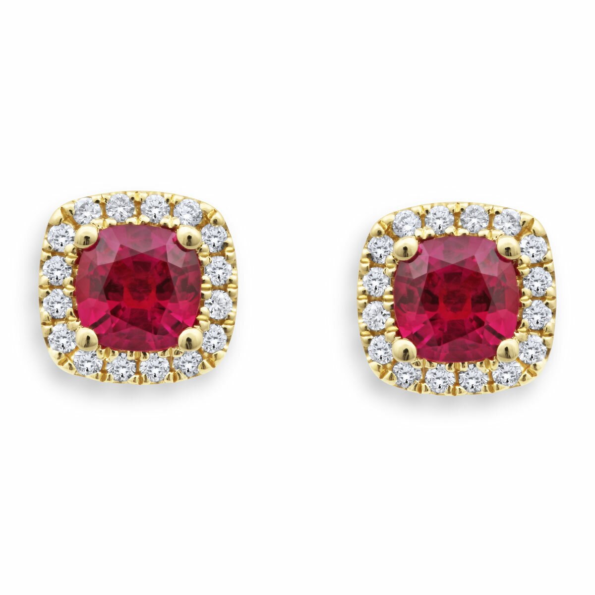 Cushion Cut Ruby & 0.13ctw Diamond Halo Earrings, 18ct Yellow Gold