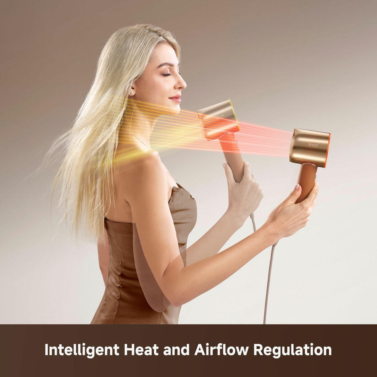 Lifestyle image of model using the hair dryer Lifestyle image of model using the hair dryer