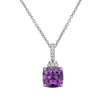 Cushion Cut Amethyst & 0.10ctw Diamond Pendant, 14ct White Gold