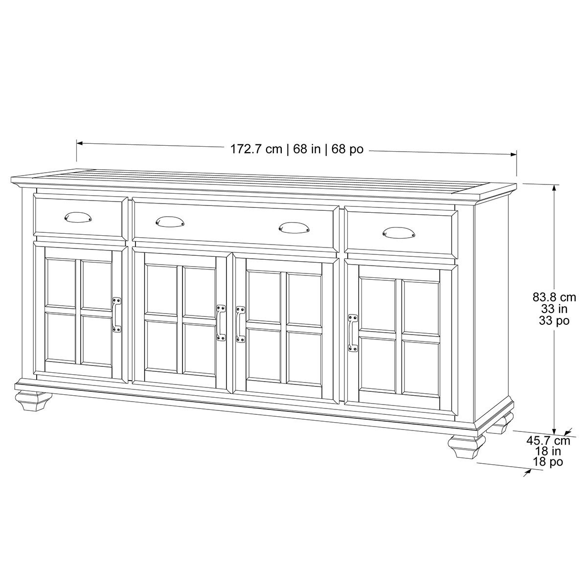 Line drawing of console on white background with dimensions