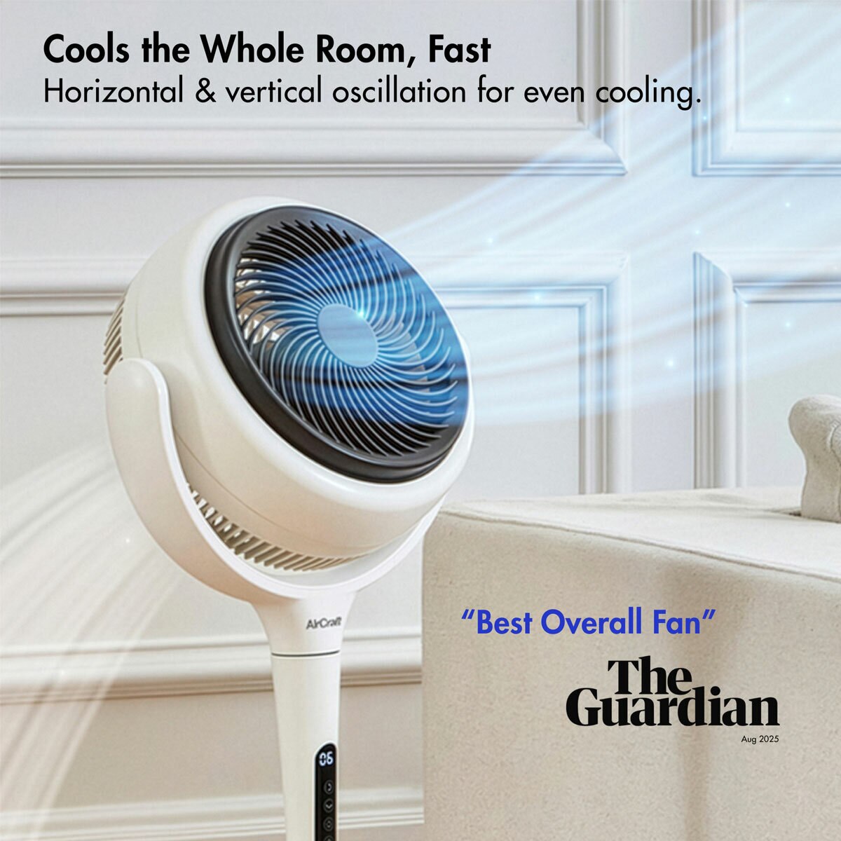 Aircraft LUME Ultra Quiet 2 in 1 Air Circulator Fan, Side View Tilt showing Horizontal and Vertical Osicallation