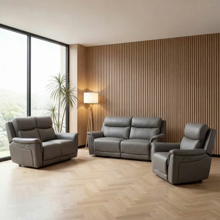 Oscar Grey Leather Power Reclining Large 2 Seater Sofa with Power Headrest