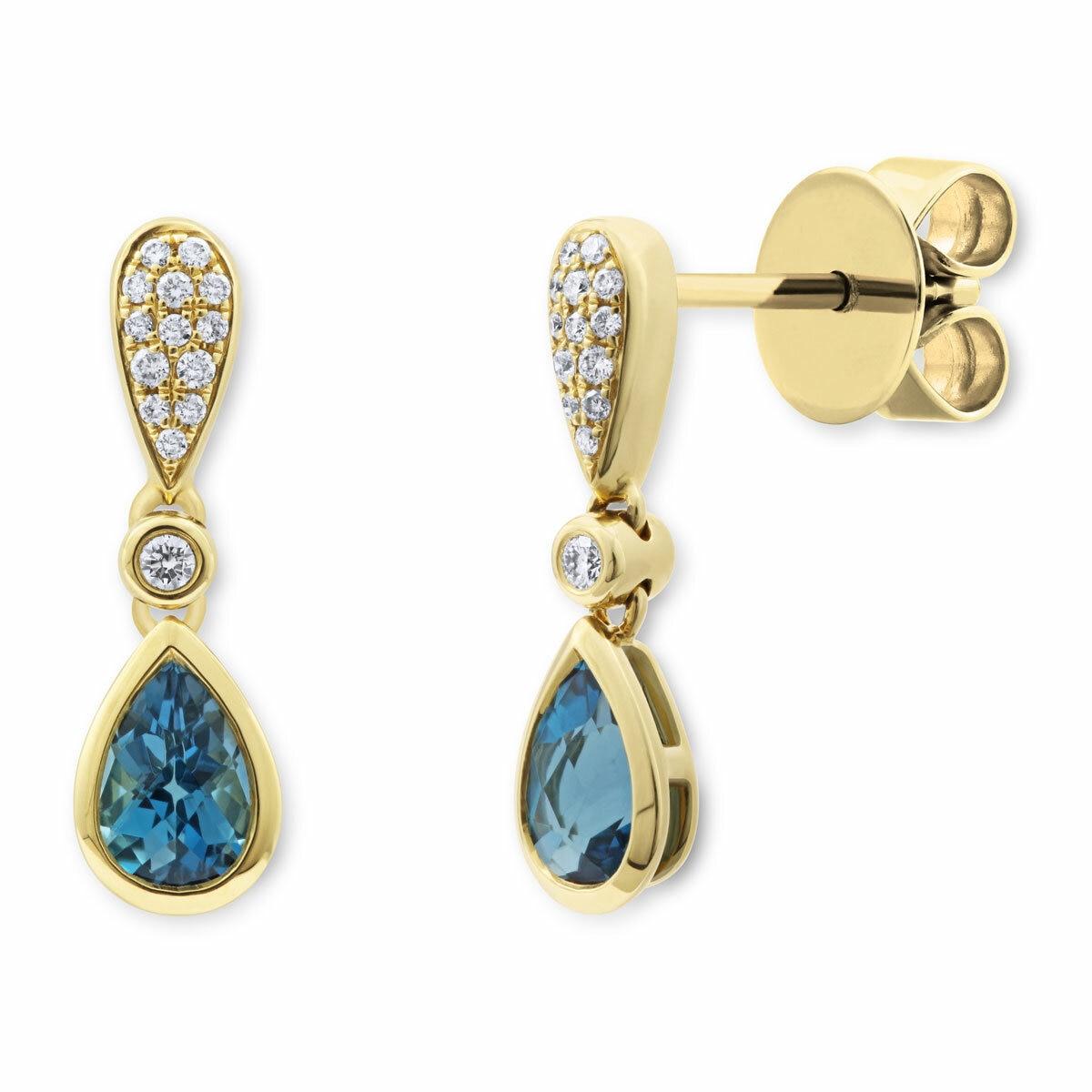 Pear Cut Blue Topaz & 0.13ctw Diamond Earrings, 18ct Yellow Gold