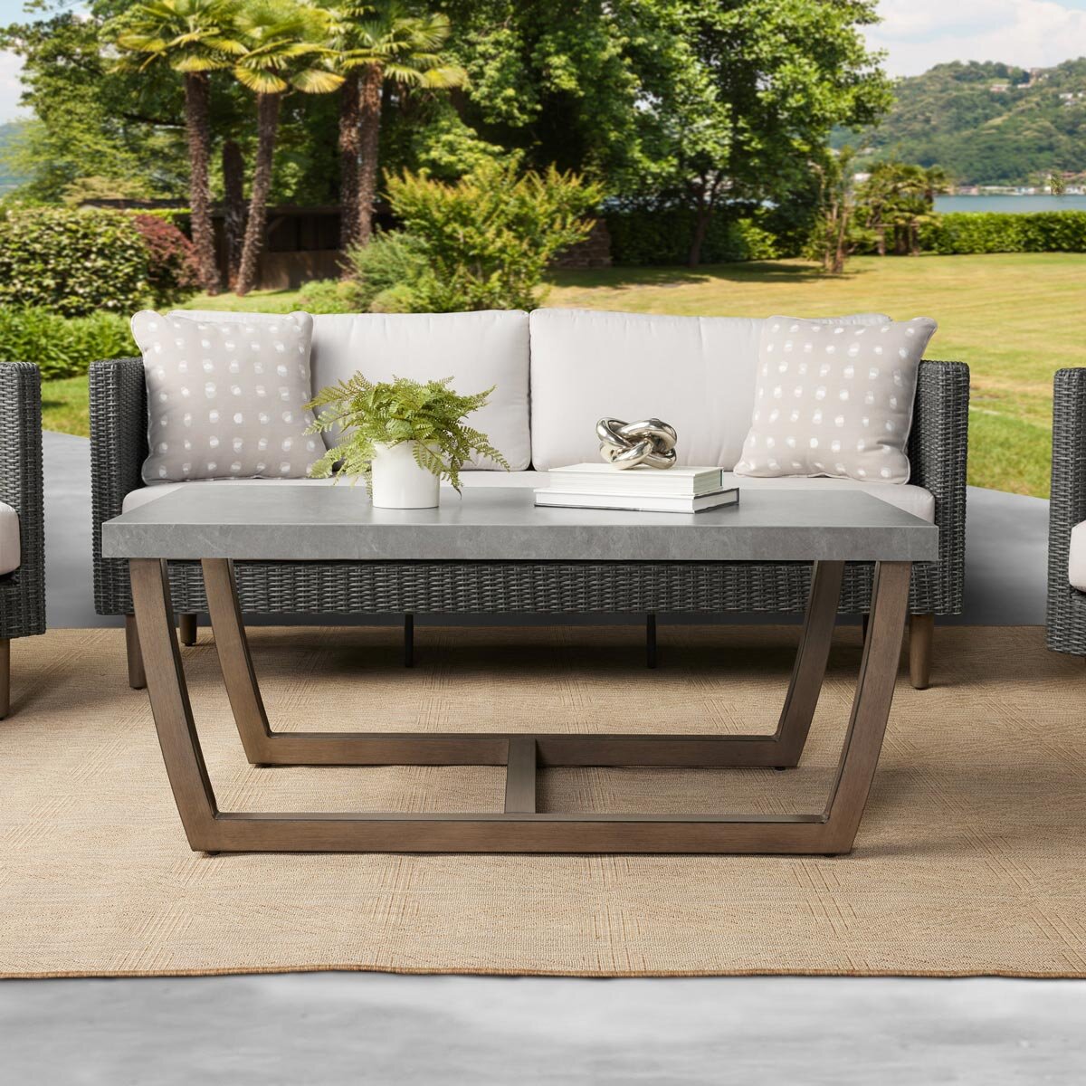 Coffee table and sofa with cushions