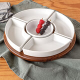 Over & Back Acacia Lazy Susan with 4 Porcelain Dishes Serving Set
