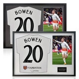 Jarrod Bowen Signed Framed WHU Football Shirt including 1 Photo in 2 Options: White or Black Mount