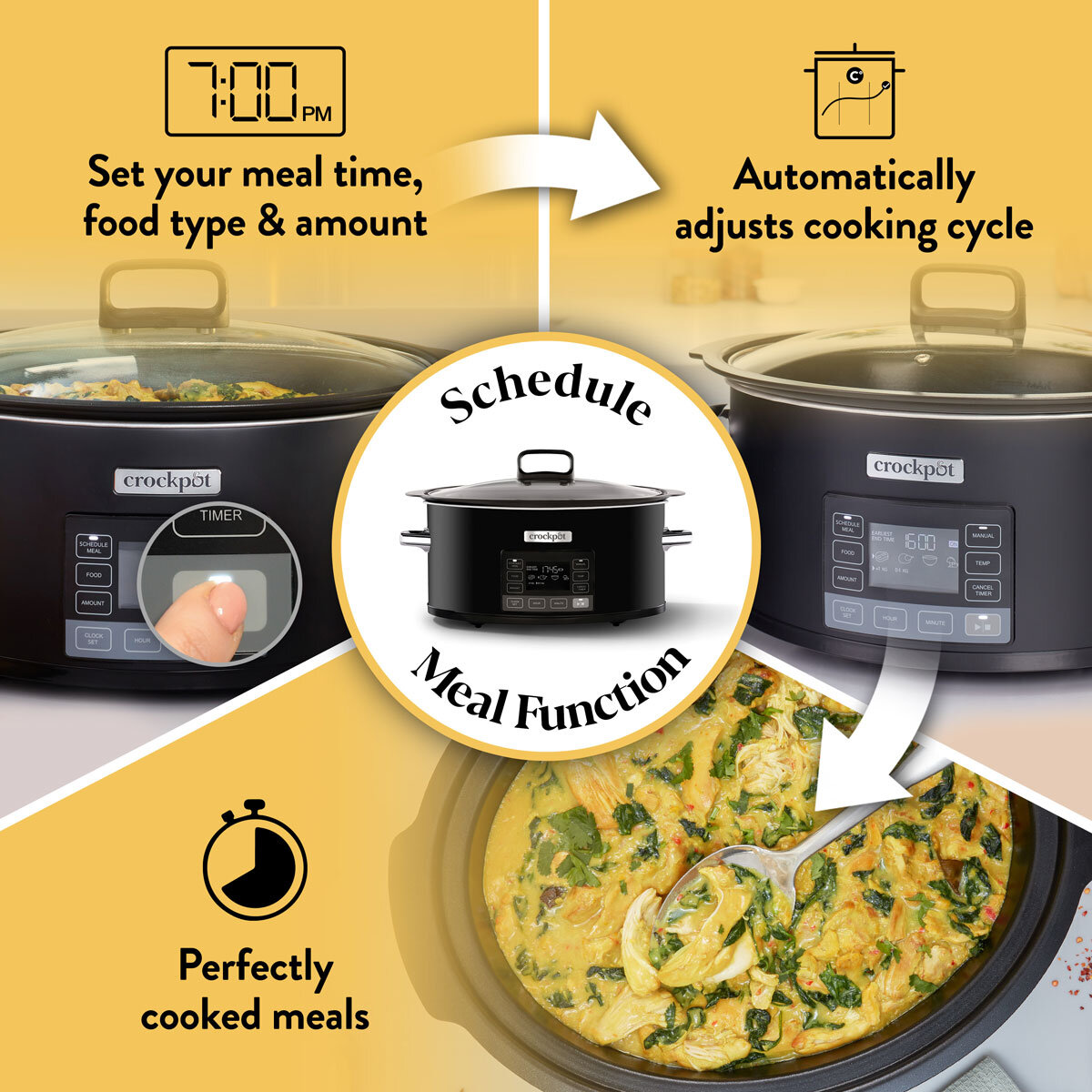 Image describing the time select functions of Crockpot