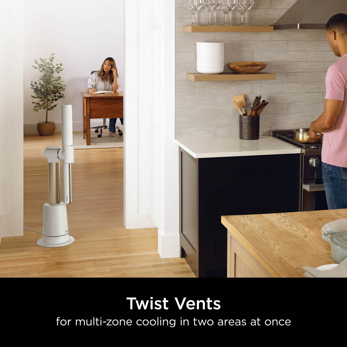 Lifestyle image of  Shark TurboBlade Multi-Directional Cooling Fan multizone cooling in two areas at once