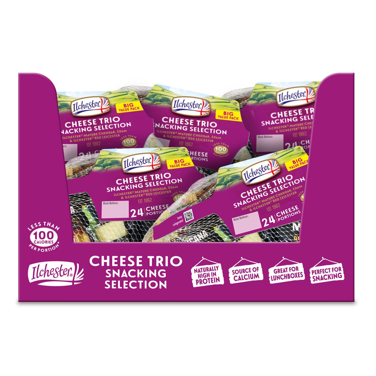 box with bags of Ilchester snacking cheese