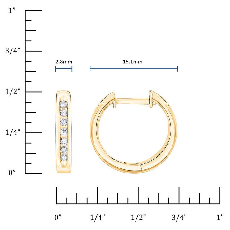 0.12ctw Channel Hoop Diamond Earrings, 14k Yellow Gold