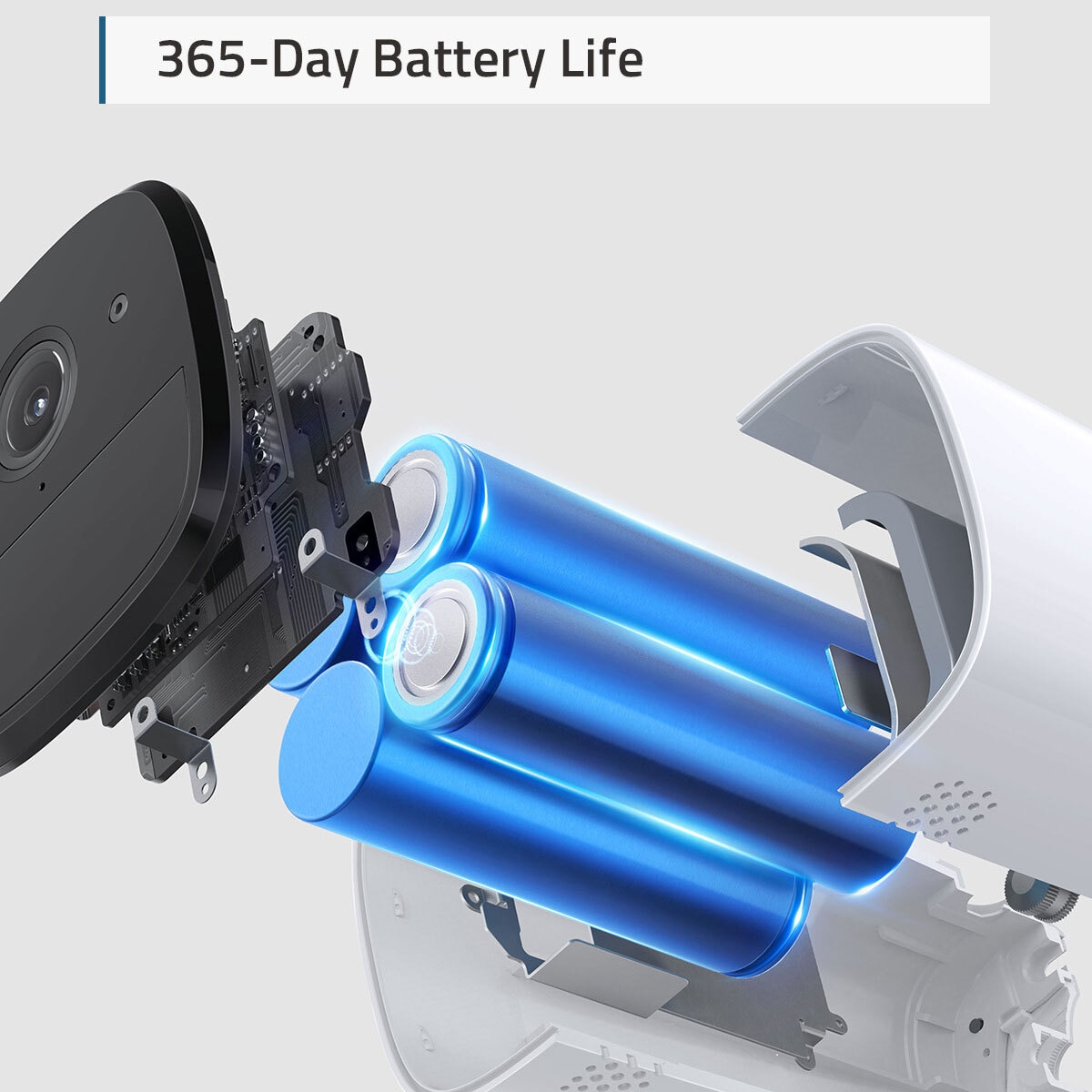 Cut out image of disassembled secuirty camers showcasing battery life