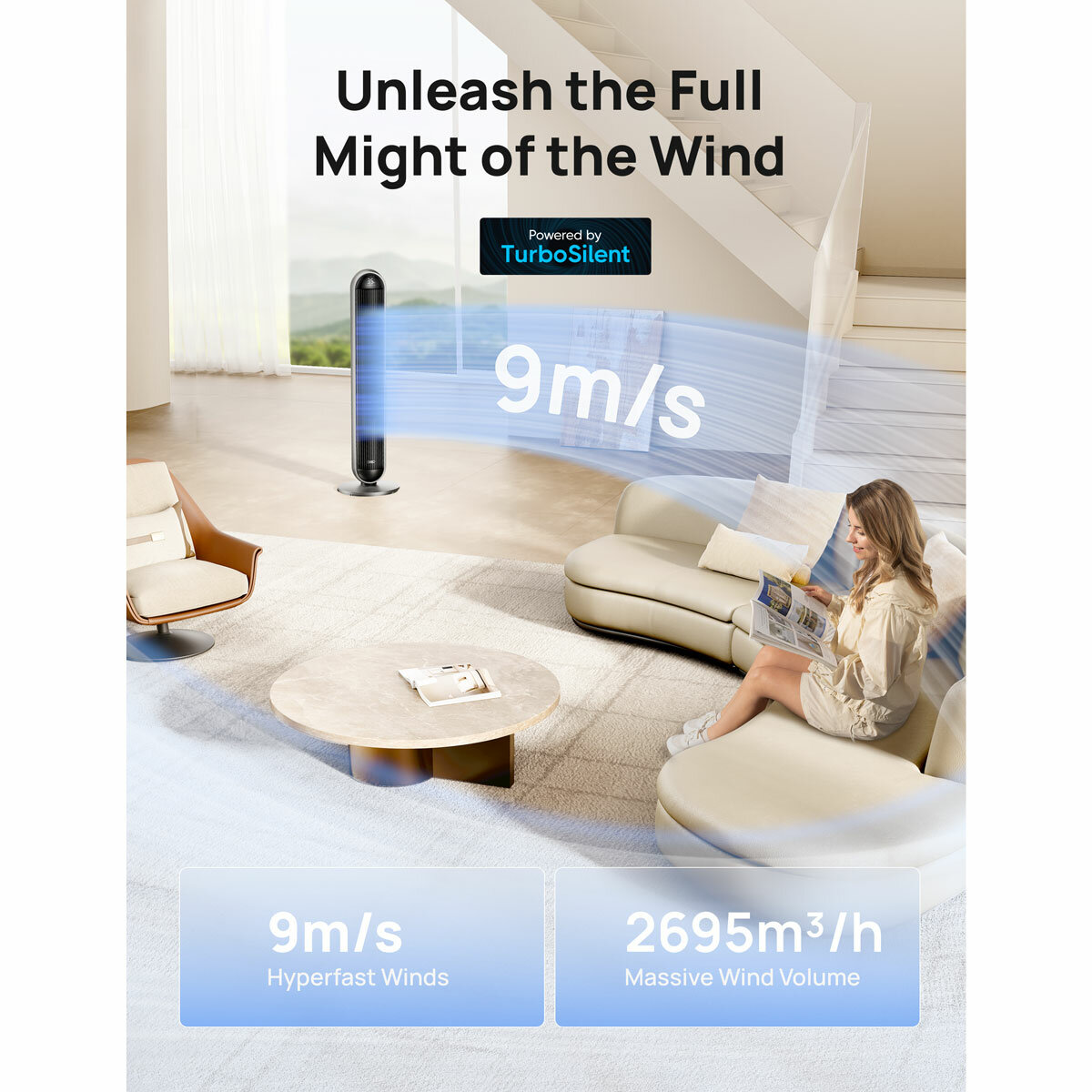 Lifestyle image of Dreo 2-in-1 Tower Fan & Heater used in living room