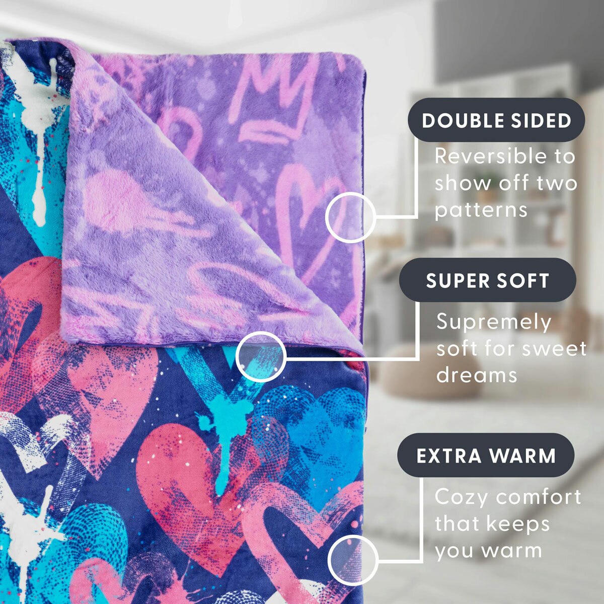 Ashford Home Faux Fur Slumber Bag Blanket 137 x 142 cm, Grafitti Hearts