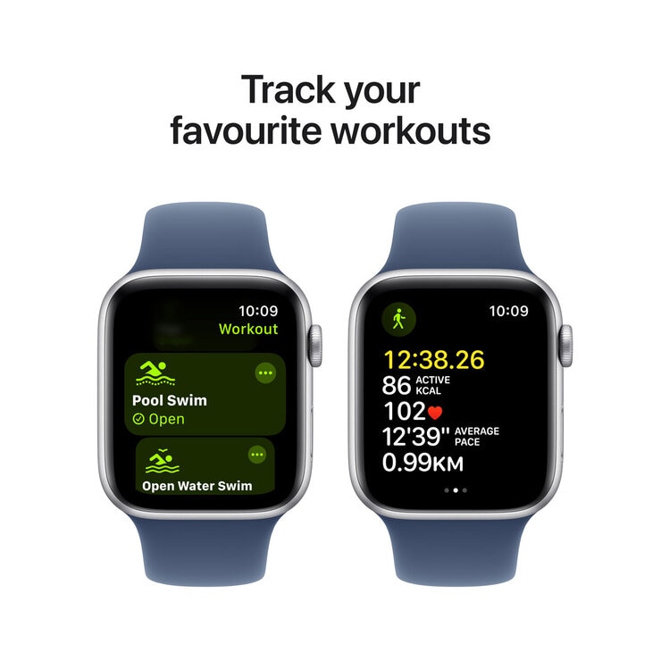 Apple Watch SE GPS + Cellular, 44mm Silver Aluminium Case with Denim Blue Sport Band S/M, MXGP3QA/A