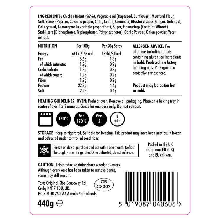 Back of Pack for Taste Original Chicken Satay 22 pack Back of Pack for Taste Original Chicken Satay 22 pack