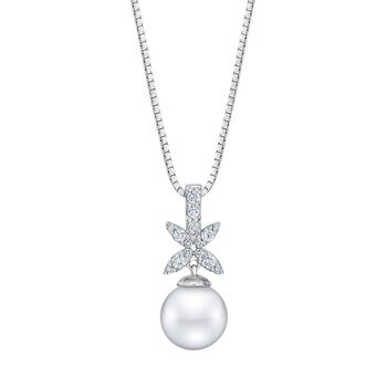 9-10mm Cultured Freshwater White Pearl & 0.22ctw Diamond Necklace, 14ct White Gold