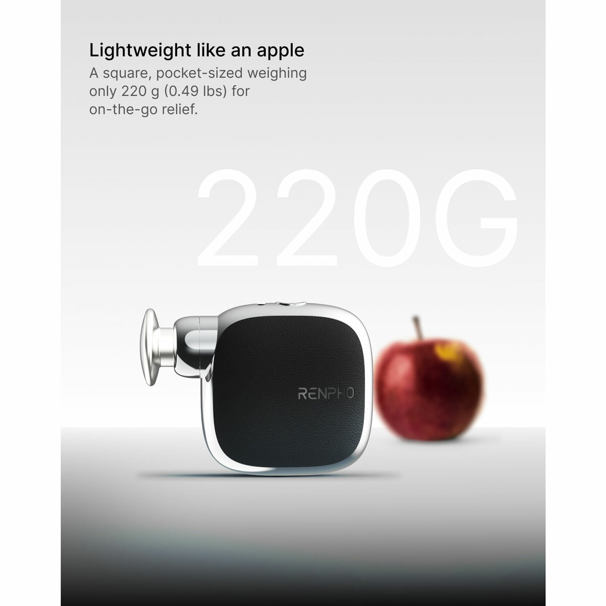 Lifestyle image of Renpho Micro Massage Gun being lightweight like an apple, weighing 220g