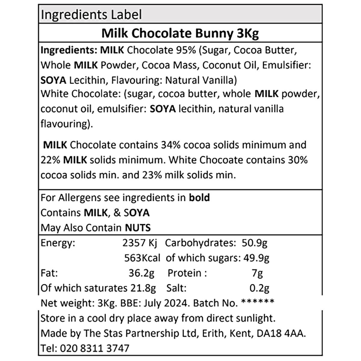 STAS Belgian Chocolate Easter Bunny, 3kg