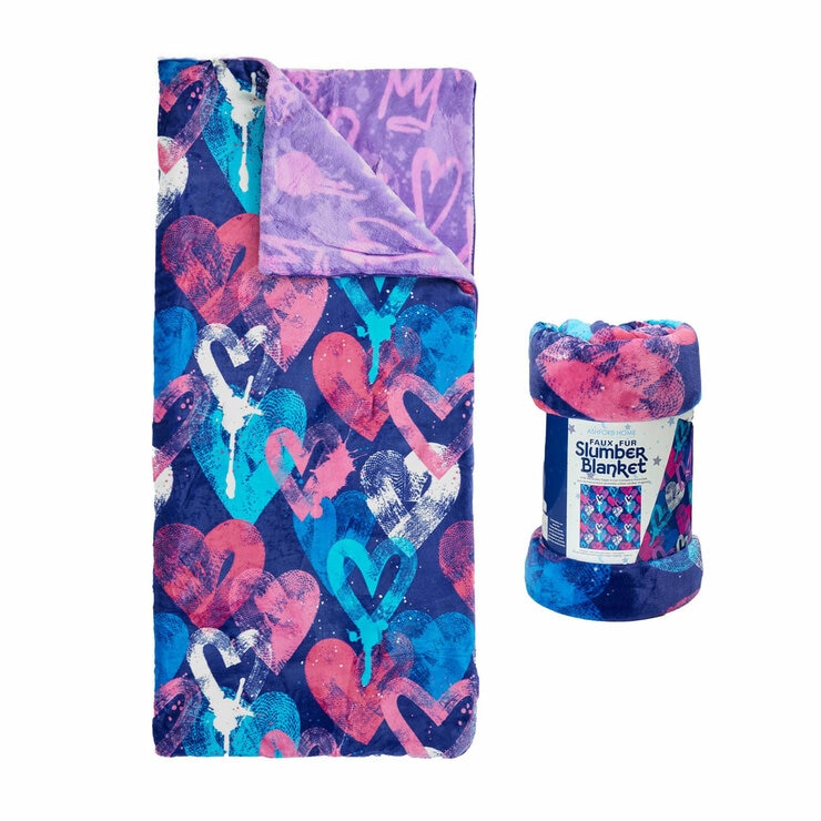 Ashford Home Faux Fur Slumber Bag Blanket 137 x 142 cm, Grafitti Hearts