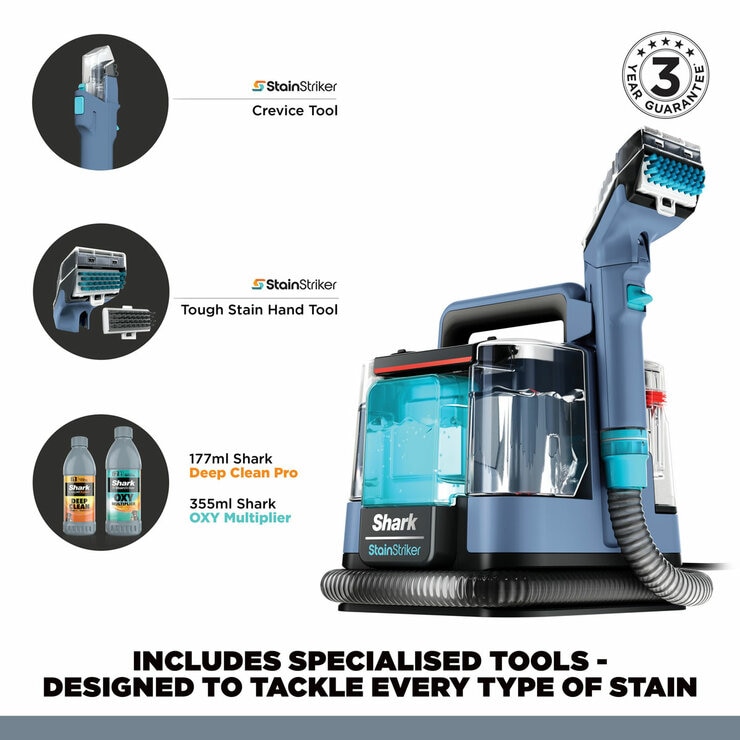 Left profile of Shark StainStriker Stain & Spot Cleaner with attachments showing attachments
