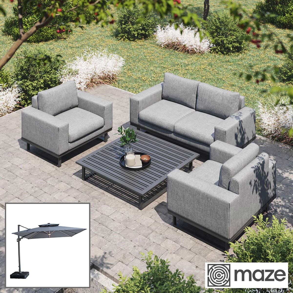 Maze Ethos 4 Piece Deep Seating Patio Set + 10 x 10ft Solar LED Cantilever Umbrella with Base (in Grey)