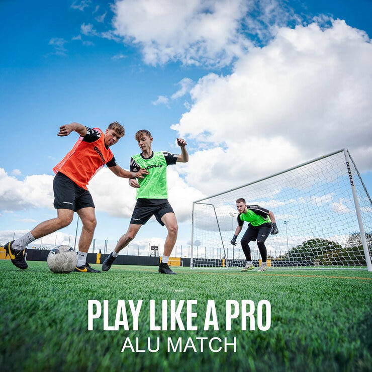 Lifestyle image showing three people playing football using the goal