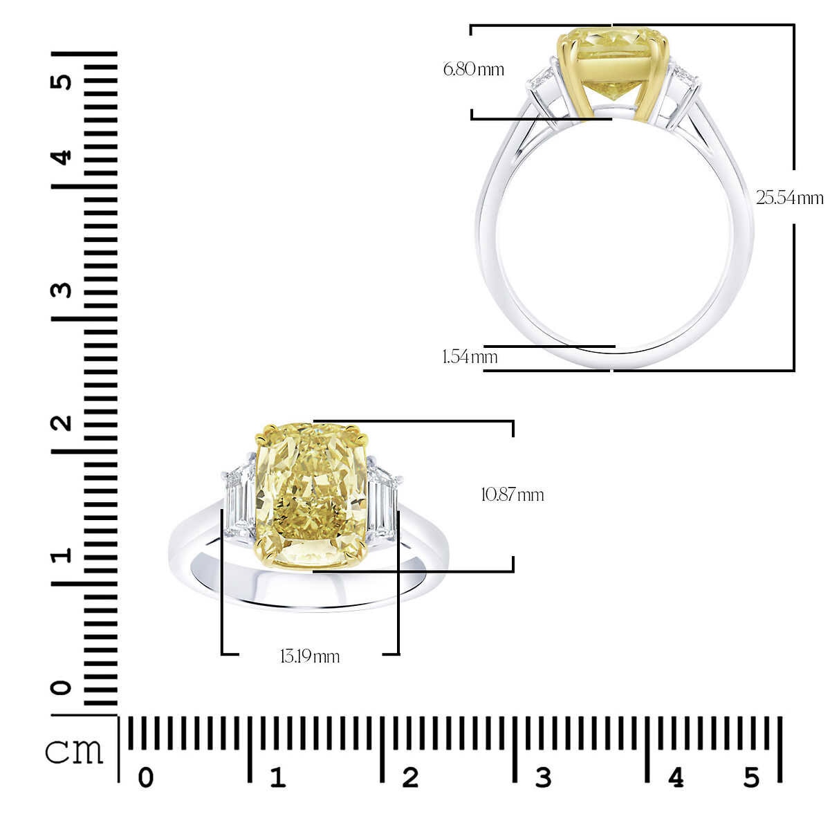 4.56ctw Fancy Intense Yellow Three Stone Diamond Ring, Platinum Dimensions