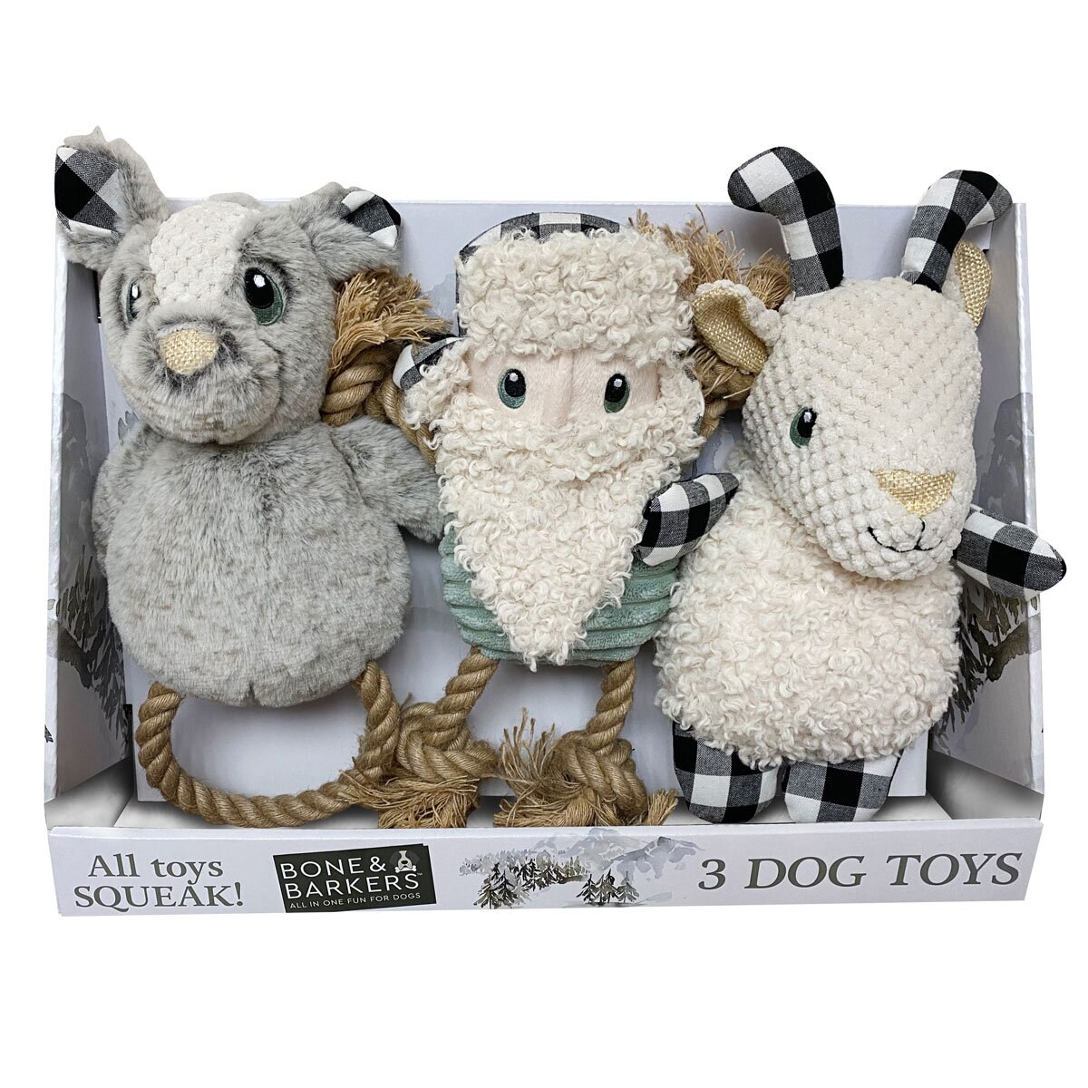 Cut out image of packaged dog toys on white background